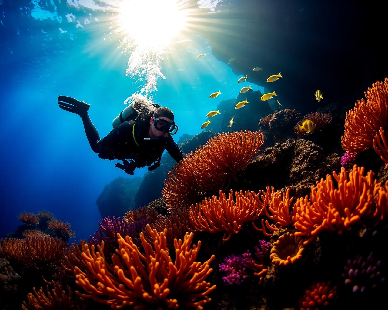 Scuba diving over vibrant coral reefs and shipwrecks in East Bali